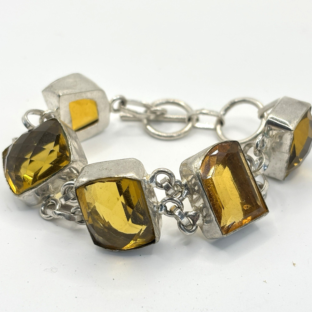 925 Sterling Silver Bracelet Faceted Golden Glass Modernist Toggle 6.5"